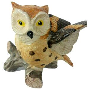 Porcelain Spotted Owl Figurine on Branch Bisque Brown White Wings Out Vintage 5"
